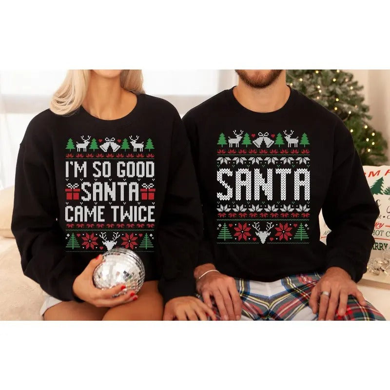 The Original Unisex Funny Couples Matching Ugly Christmas Sweater, Santa Twice, Christmas Pajamas, Sold Seperate...