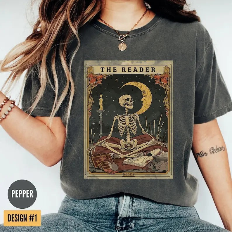 The Reader Tarot Card T-Shirt, Skeleton Reading Shirt, Unisex Tarot Card Shirt, Book Lover Gift, Bookish Gift,Tarot Lover...