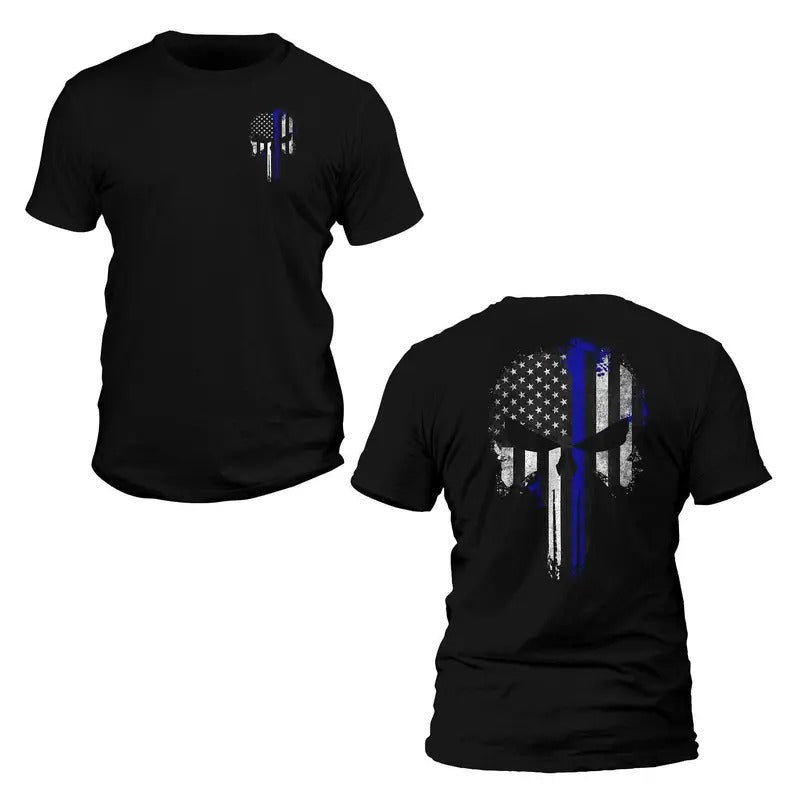 Thin Blue Line Flag Skull Police Front & Back Print T-Shirt Hoodie, Sweatshirt | RetroVerseTees.com