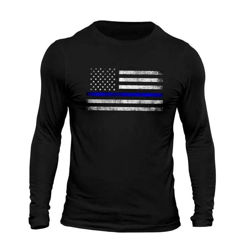 Thin Blue Line Flag USA Police Long Sleeve Men's T-Shirt Casual Classic Hoodie, Sweatshirt | RetroVerseTees.com