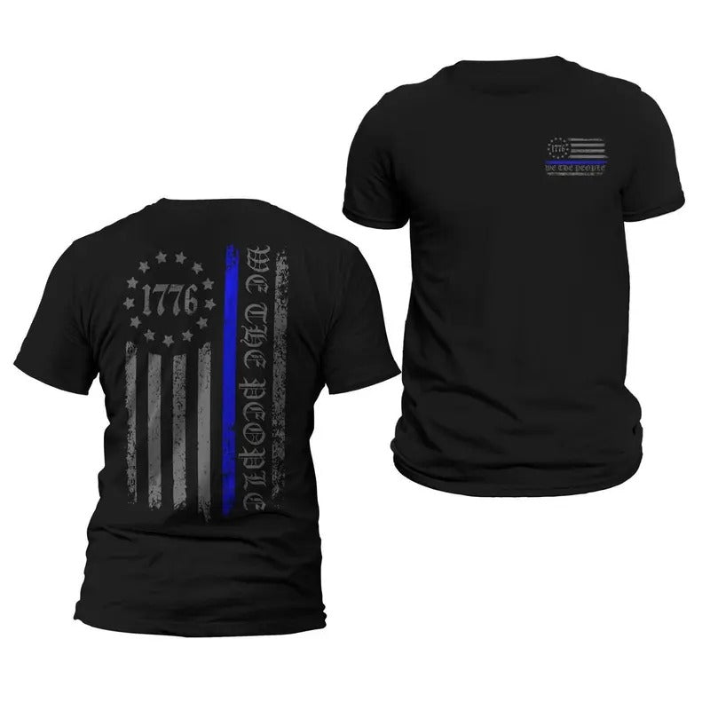 Thin Blue Line Flag We The People 1776 Two Side Print Police Men's T-Shirt Casual Classic Hoodie, Sweatshirt
