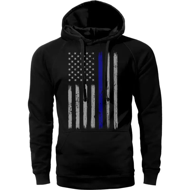 Thin Blue Line Vertical Brushed Flag Front Print Police Hoodie Sweatshirt Cotton Fabric T-Shirts | RetroVerseTees.com