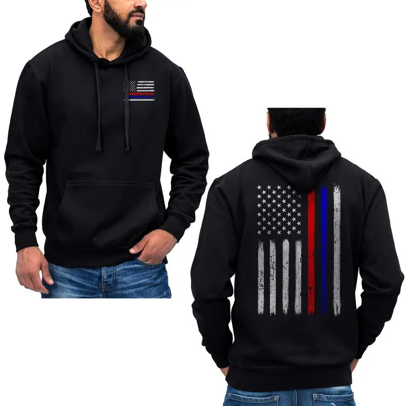 Thin Red & Blue Line Vertical Brushed Flag Police Hoodie Sweatshirt Cotton Fabric T-Shirts | RetroVerseTees.com