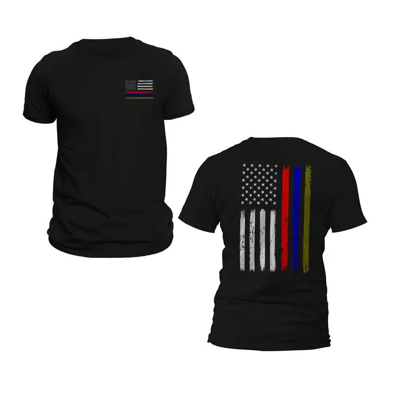 Thin Red Blue Green Line Flag Front & Back Print T-Shirt Casual Crewneck Hoodie, Sweatshirt | RetroVerseTees.com