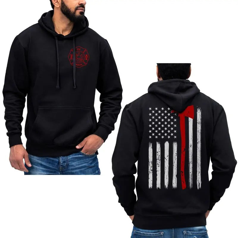 Thin Red Line Flag Axe Design USA Firefighter Hoodie Sweatshirt Cotton Fabric T-Shirts | RetroVerseTees.com