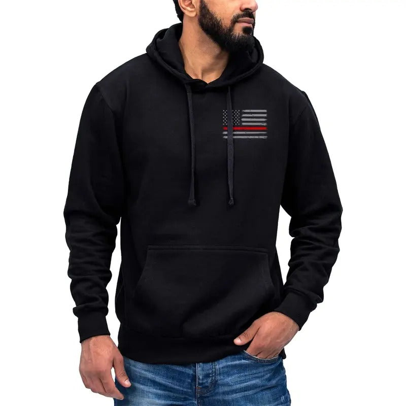 Thin Red Line Flag Left Chest Print US Firefighter Hoodie Sweatshirt Cotton Fabric T-Shirts | RetroVerseTees.com