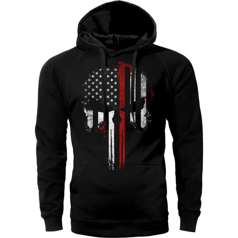 Thin Red Line Flag Skull USA Firefighter Hoodie Sweatshirt Cotton Fabric T-Shirts | RetroVerseTees.com