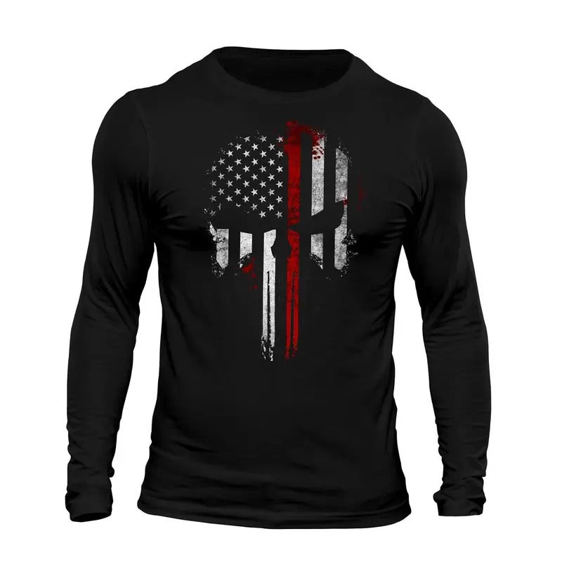 Thin Red Line Flag Skull USA Firefighter Long Sleeve Men's T-Shirt Casual Classic Hoodie, Sweatshirt | RetroVerseTees.com