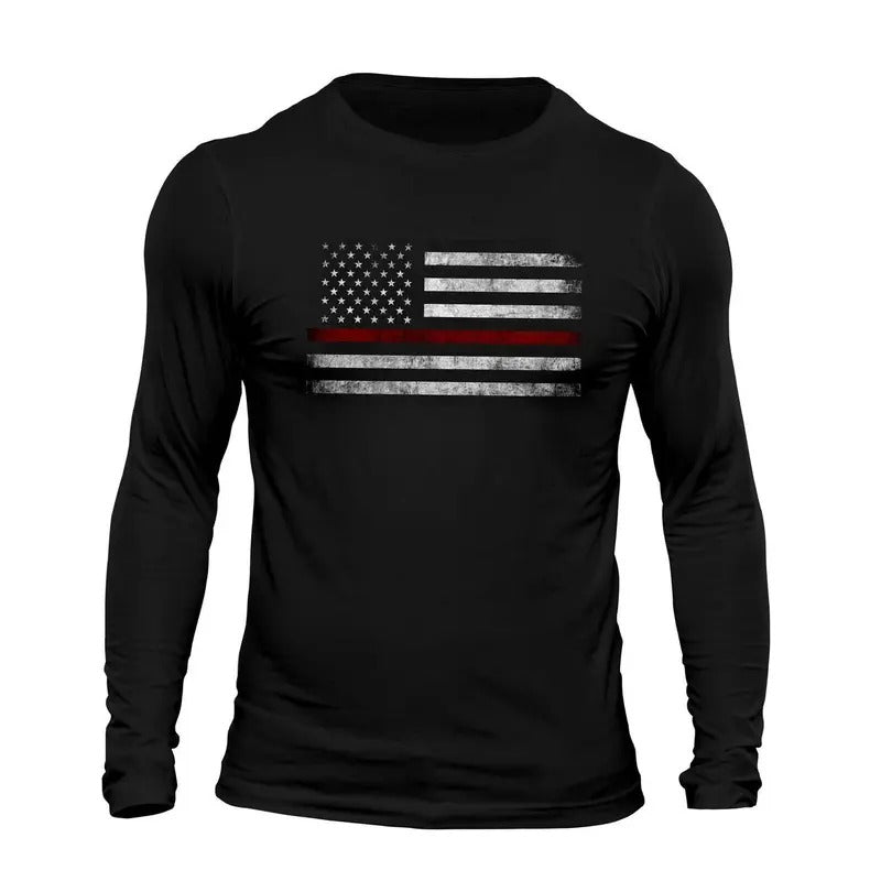 Thin Red Line Flag USA Firefighter Men's Long Sleeve T-Shirt Casual Classic Hoodie, Sweatshirt | RetroVerseTees.com