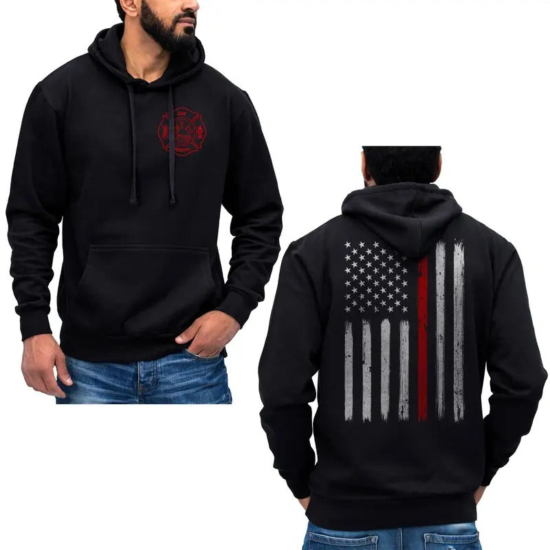 Thin Red Line Flag Vertical Brushed Design US Firefighter Hoodie Sweatshirt Cotton Fabric T-Shirts | RetroVerseTees.com