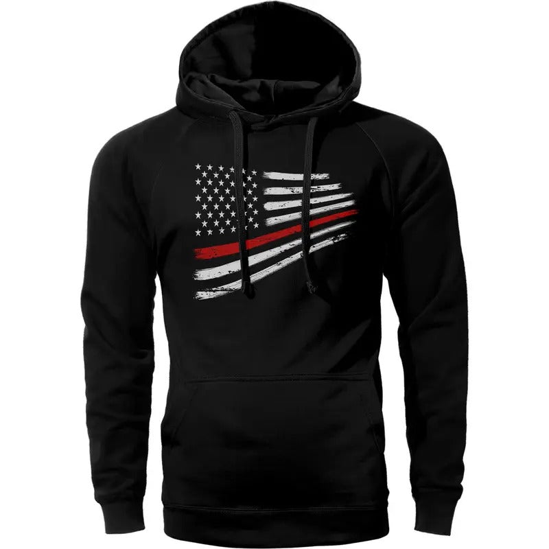 Thin Red Line Flag Warped Design USA Firefighter Hoodie Sweatshirt Cotton Fabric T-Shirts | RetroVerseTees.com