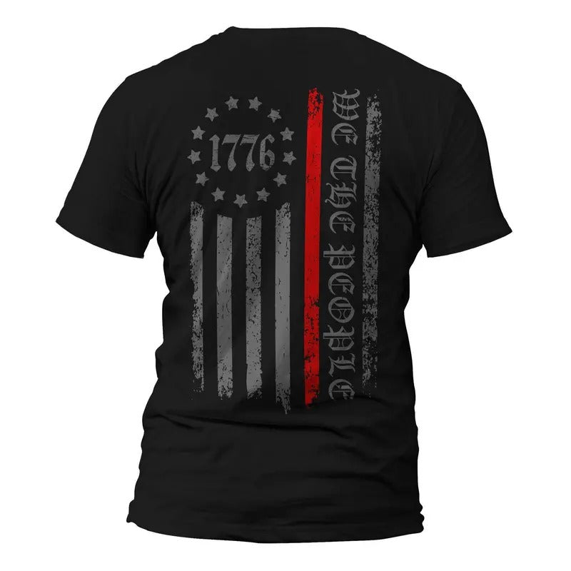 Thin Red Line Vertical Flag 1776 We The People Firefighter Back Print Men's T-Shirt Hoodie, Sweatshirt | RetroVerseTees.com