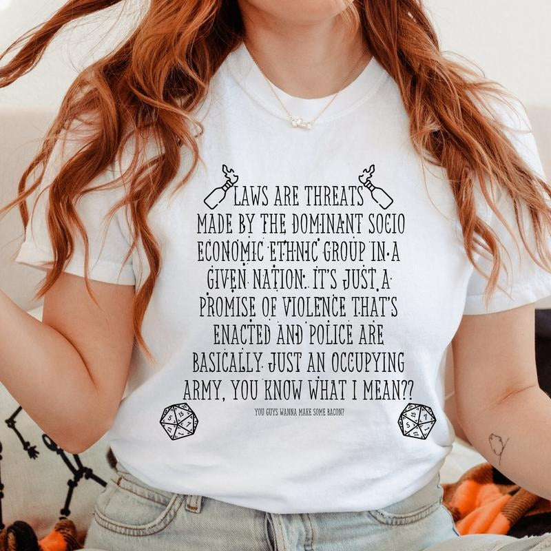 Thought - Provoking White Lightsaber brand - Shirt with 'Laws are Threats' Social Commentary