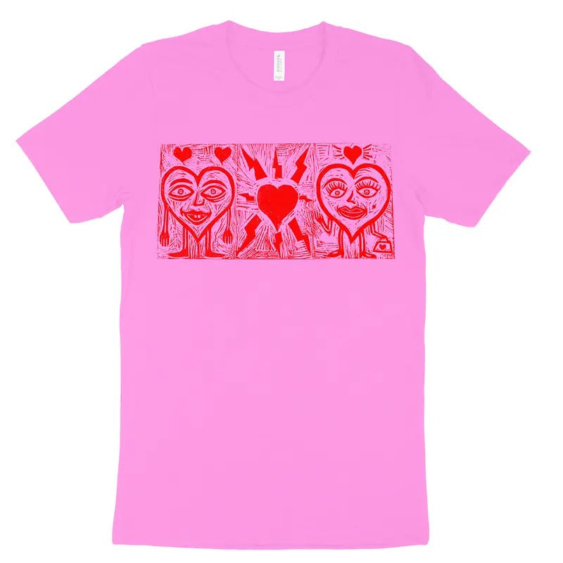 Three Hearts Valentines  Hand printed  Woodcut T Shirt Menswear Cotton Top Hoodie, Sweatshirt | RetroVerseTees.com