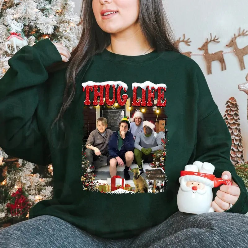 Thug Life Character Xmas Christmas Sweatshirt, Character Movie Xmas Sweatshirt Funny Christmas Sweatshirt, Cozy Green...
