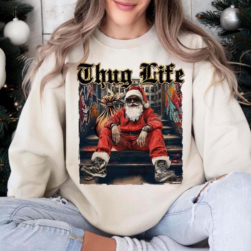 Thug Life Christmas Shirt, Christmas Movies Shirt, Santa Xmas Crew Neck, Gifts For Christmas, Xmas Graphic Tee Comfort...