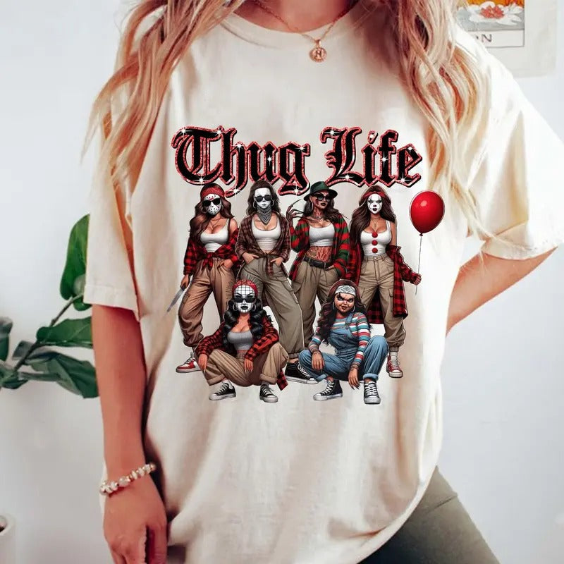Thug Life Halloween Character Shirt, Comadre Crew Horror Movie Shirt, Halloween Mama Chigona, Old School Halloween Tee,...
