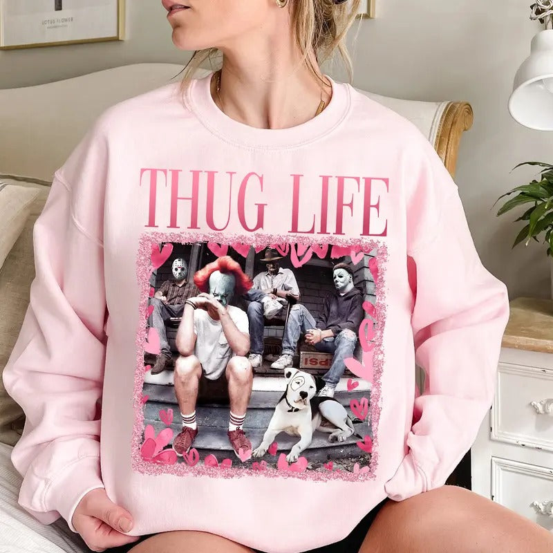 Thug Life Horror Killer Valentine Sweatshirt, Retro Cupid Valentine Blowing Bubble shirt, Scary Movie Valentine...