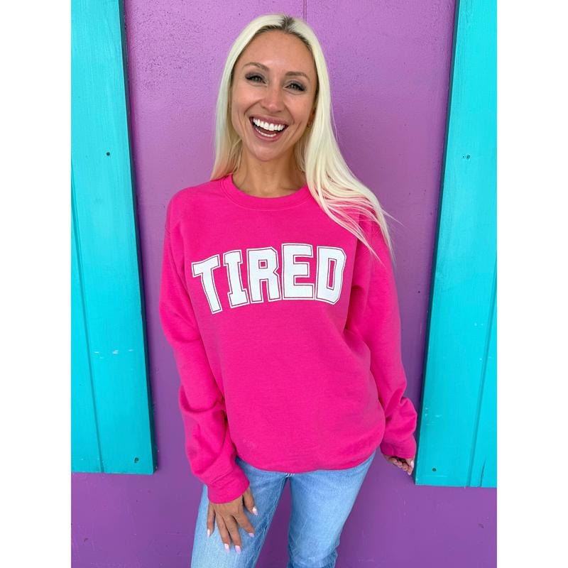 Tired Sweatshirt - Blue or Pink with White Print T-Shirts, Hoodie | RetroVerseTees.com