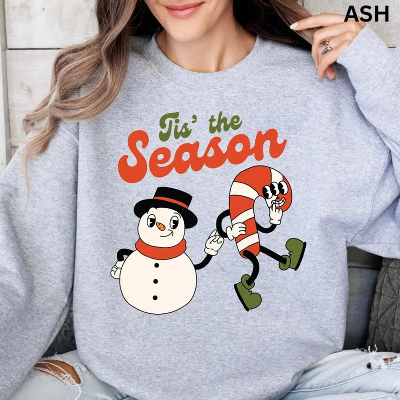 Tis the Season Snowman and Candy Cane Crewneck, Christmas Sweatshirt, Holiday Christmas Sweatshirt, Winter Season...