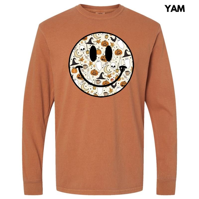 Toil & Trouble Halloween Happy Face Long Sleeve Comfort Colors T-Shirt 'NLB' Hoodie, Sweatshirt | RetroVerseTees.com