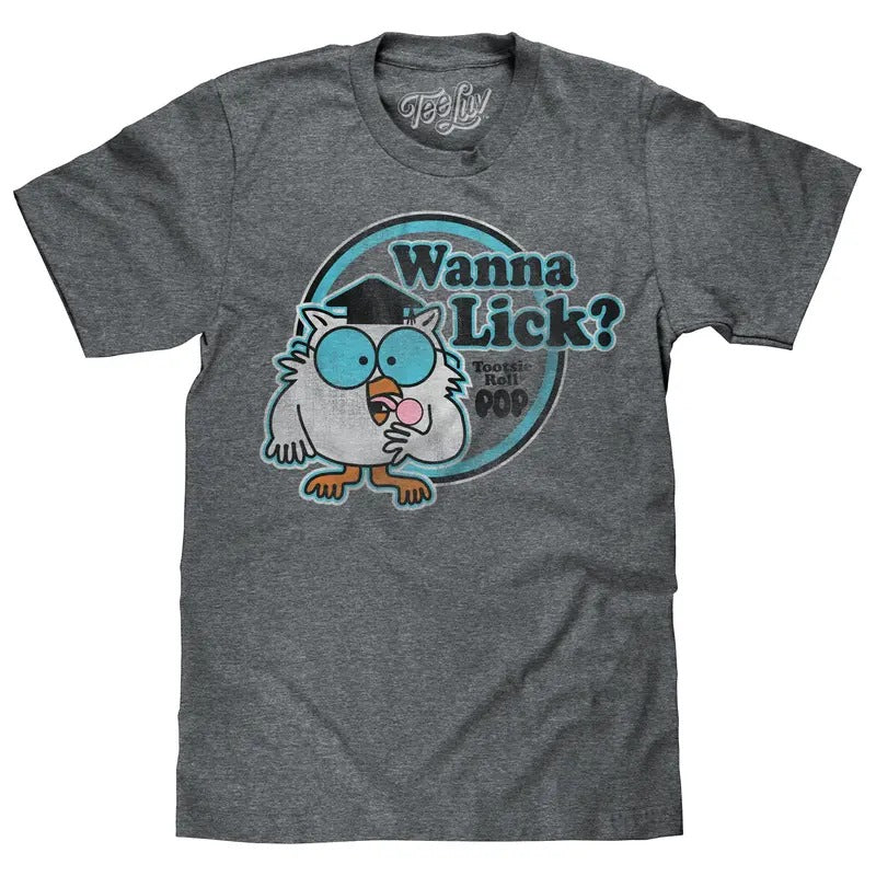 Tootsie Roll Pop Mr. Owl Wanna Lick? T-Shirt - Gray Hoodie, Sweatshirt | RetroVerseTees.com