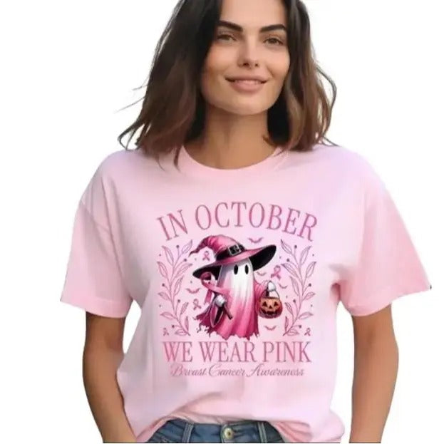 Trending In October We Wear Pink Ghost Shirt, Halloween Pink Ribbon Ghost Shirt, Pink Ribbon Shirt, Breast Cancer...