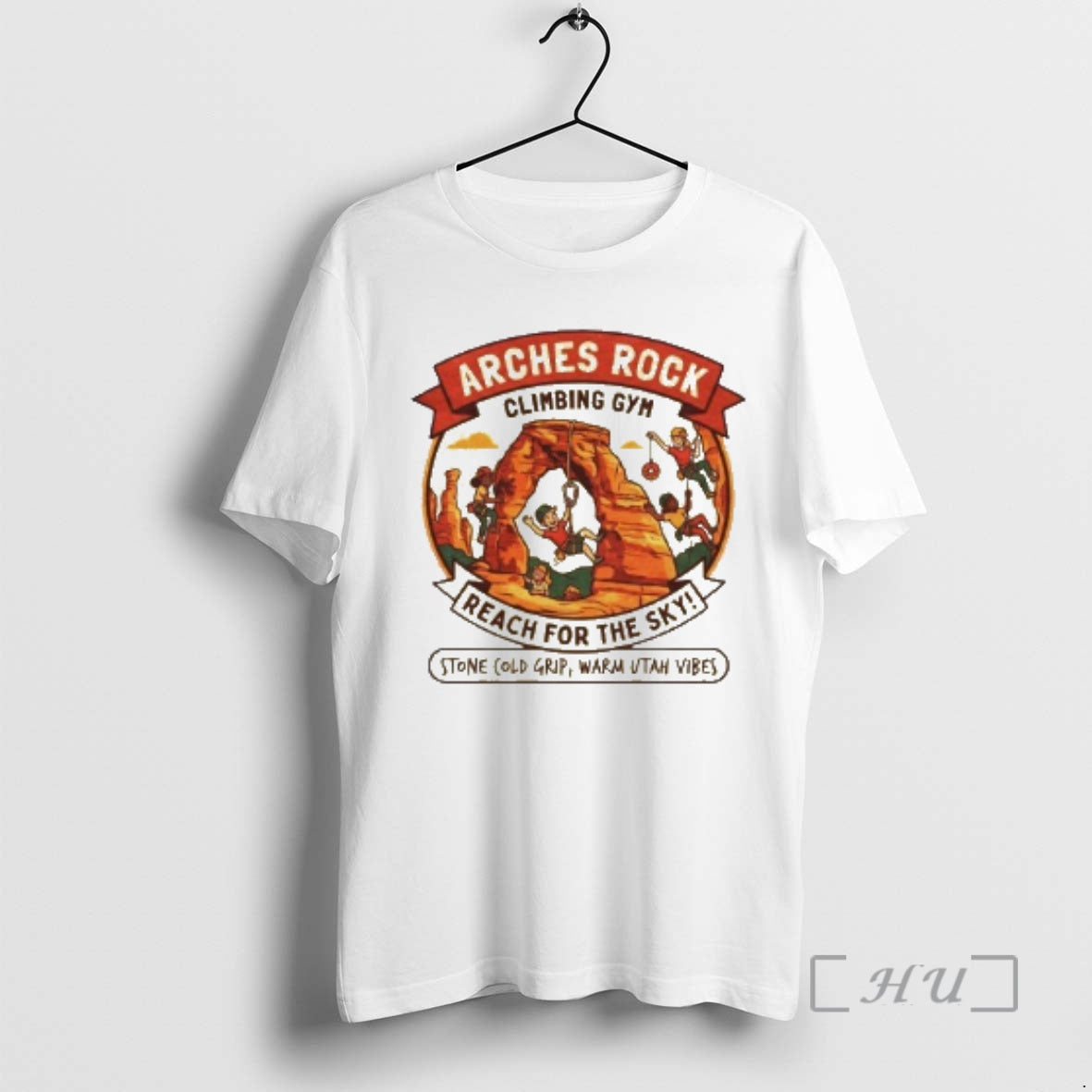 Trending Reach For The Sky Arches Rock Climbing T-Shirts, Hoodie, Sweatshirt | RetroVerseTees.com