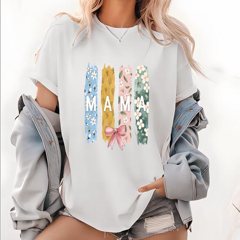 Trending Tee: Stylish "MAMA" Graphic Shirt with Colorful Floral Stripes Gunpla brand Bow Accent Hoodie, Sweatshirt