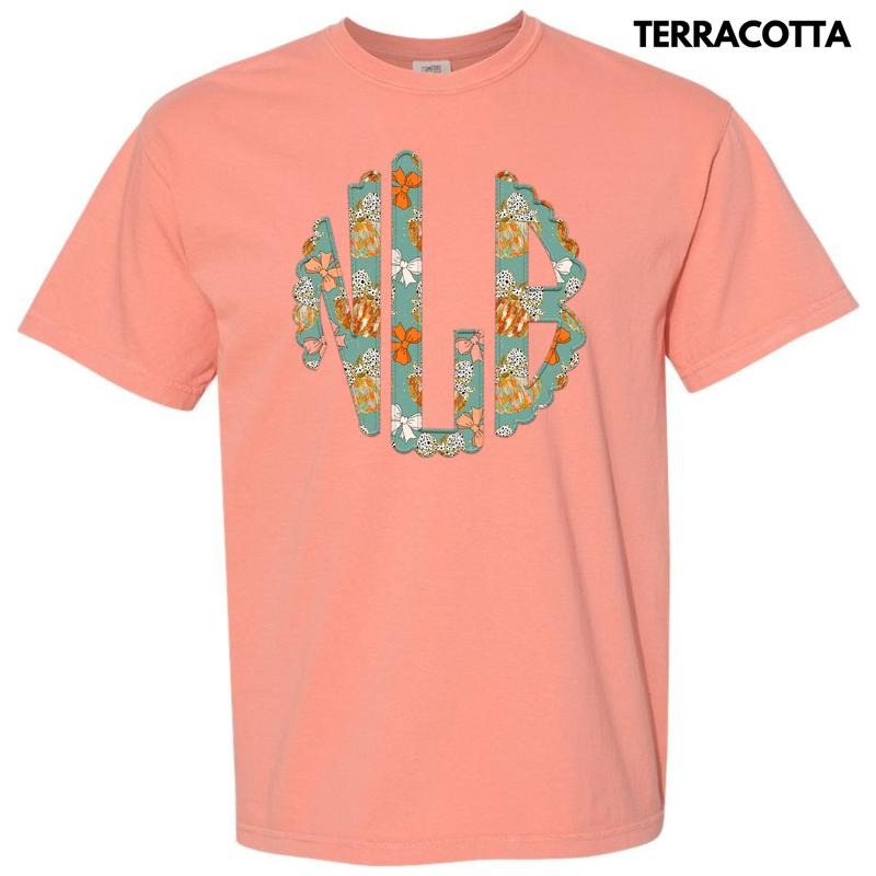 Trendy Pumpkin & Bow Monogram Comfort Colors T-Shirt 'NLB' Hoodie, Sweatshirt | RetroVerseTees.com