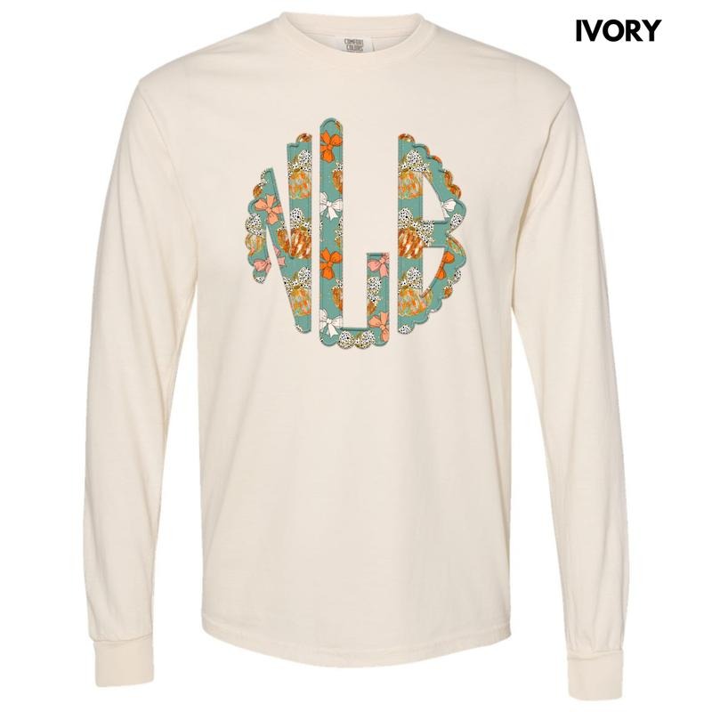 Trendy Pumpkin & Bow Monogram Long Sleeve Comfort Colors T-Shirt 'NLB' Hoodie, Sweatshirt | RetroVerseTees.com