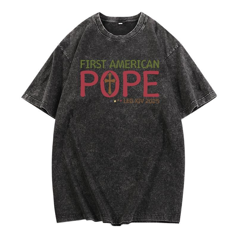 Trendy Washed Religious - icon Tee: Rock TNF "First American Pope" Motif with WB shield Vintage - inspired Look Pocket...