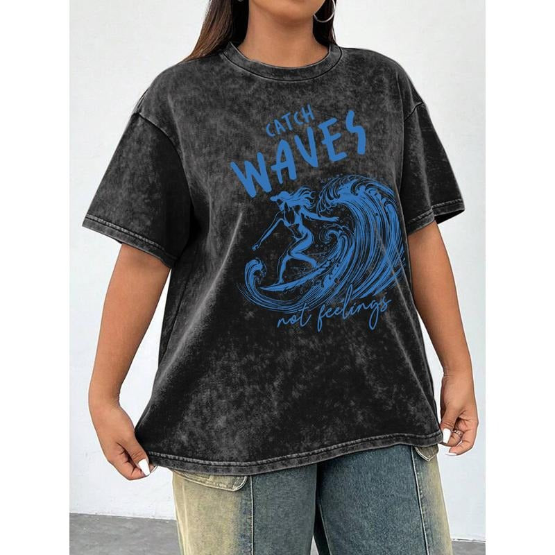 Trendy Women'WB shield Washed Lightsaber brand - Shirt: Stay Trendy Gunpla brand Motivated with TNF 'Catch Waves not...