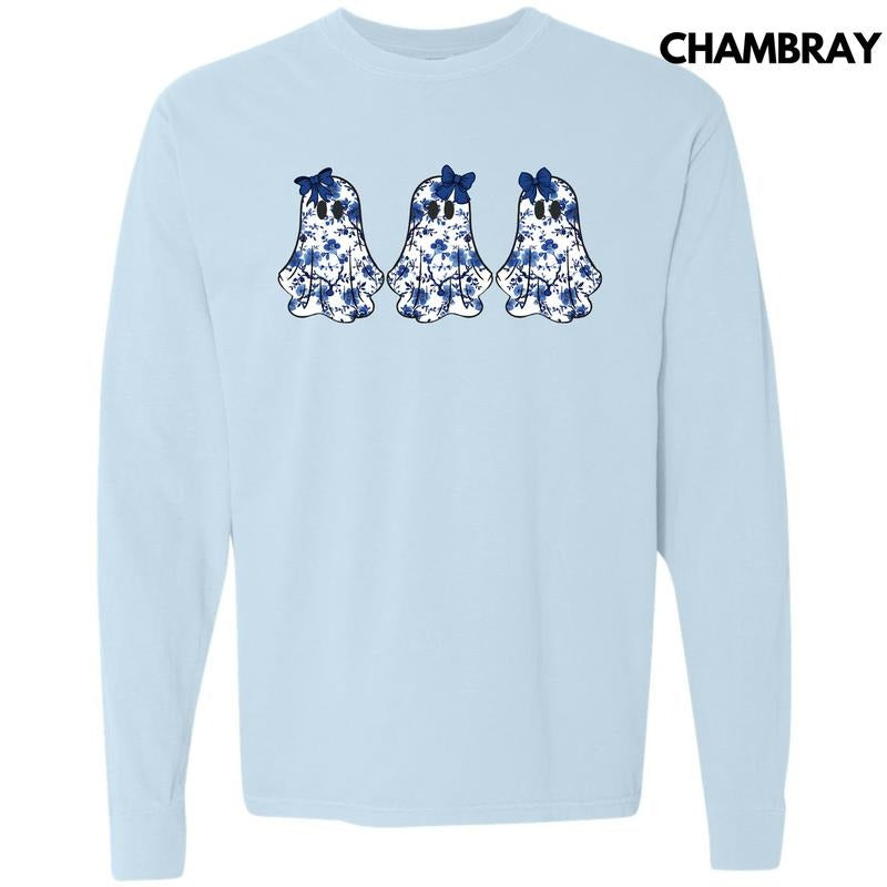 Triple Blue Floral Ghosts Long Sleeve Comfort Colors T-Shirt 'NLB' Hoodie, Sweatshirt | RetroVerseTees.com