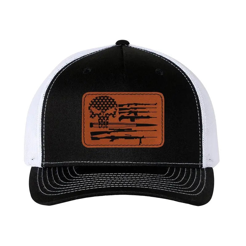 Trucker Hat Baseball Cap 2nd Amendment American Flag With Skull And Guns Leather Patch Style Hat T-Shirts, Hoodie, Sweatshirt