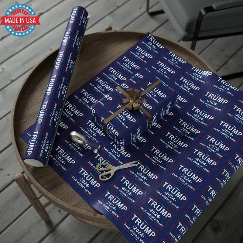 Trump 2024 Save American Again Christmas Wrapping Paper Blue - Pro Trump Maga Funny Let's Go Brandon Biden Trump 2024...