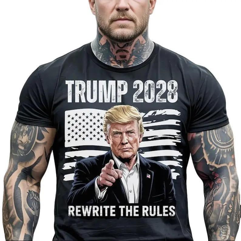 Trump 2028 Shirt, Portrait of Trump with USA Flag, "Rewrite the Rules" Slogan, Bold Patriotic Conservative Election Support Tee, For Men, For Women