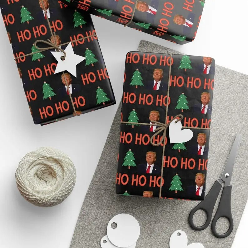 Trump Christmas Wrapping Paper Festive 90gsm Fine Art Paper 3 Sizes Matte or Glossy Ho Ho Ho Design Christmas Trees...