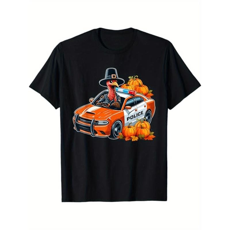Turkey Driving Police Car Thanksgiving Driver Fall Pumpkins, 100% Cotton, Halloween Thanksgiving Christmas Gifts for Men...