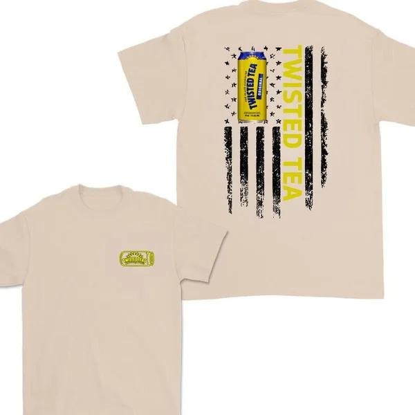 Two-sided Twisted Tea American Flag T-shirt, Funny Summer Graphic Tee, Trendy Outdoors Beer Lover Sweatshirt, Unisex...
