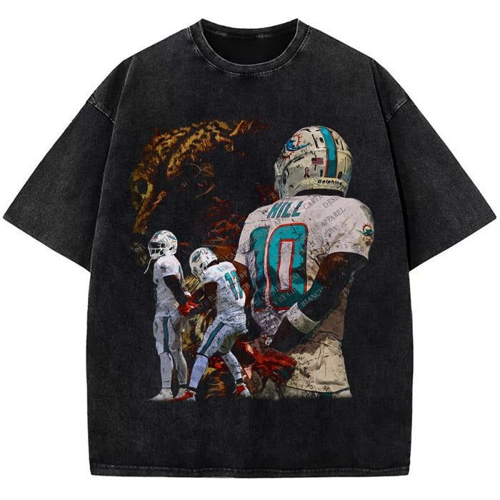 Tyreek Hill T-Shirt Cheetah Spiky hair fighters Hands Behind Back Celly TD Celebration Tee Drop Shoulder Acid Wash Tee...