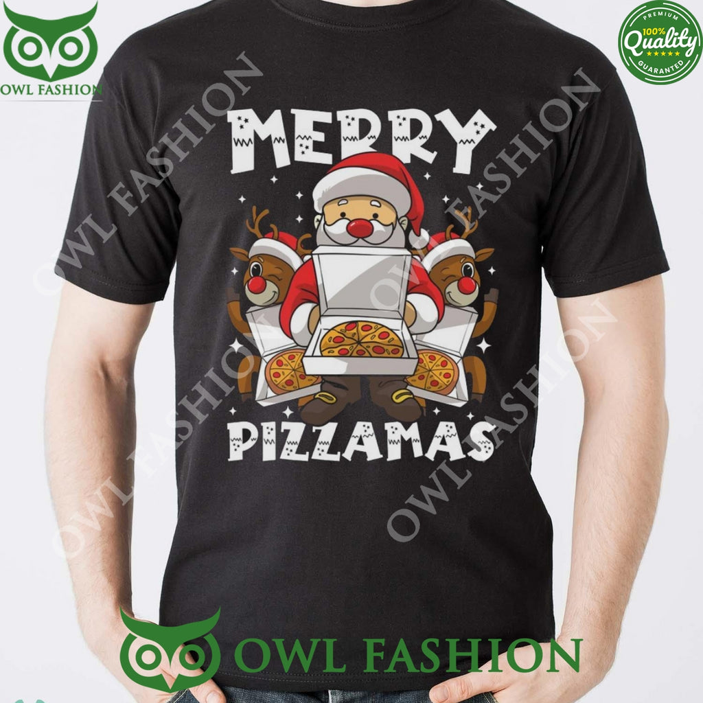Merry Pizzamas Santa Claus and Reindeer Black Ugly Sweater