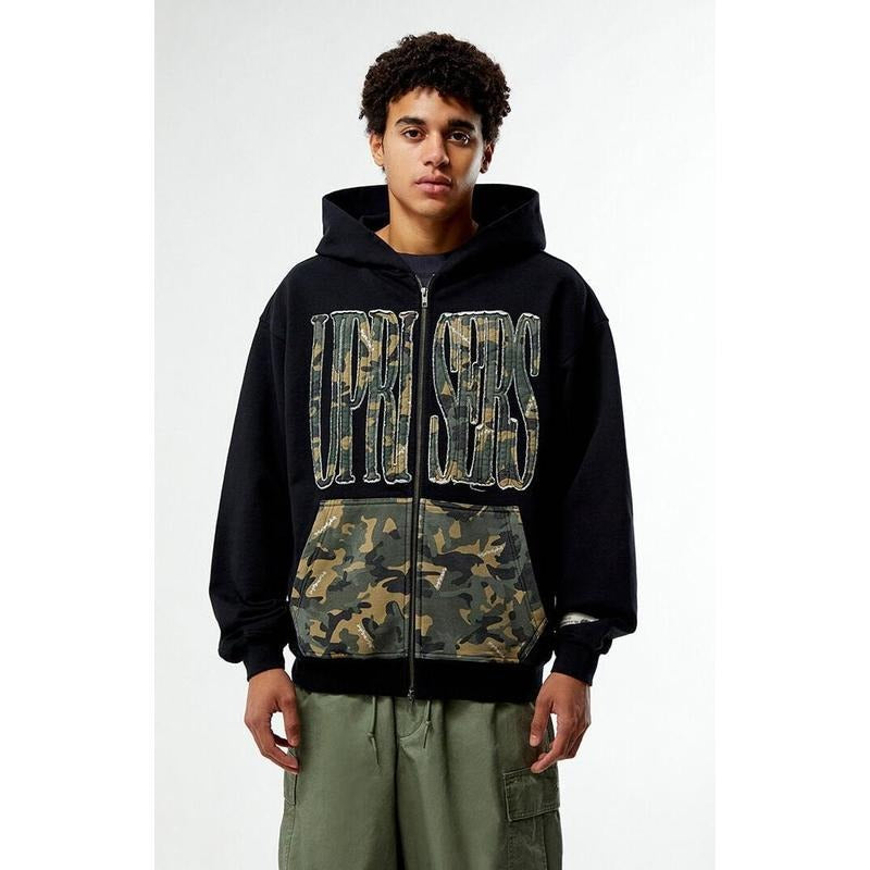UPRISERS Men's Black Camo Full Zip Hoodie T-Shirts, Sweatshirt | RetroVerseTees.com