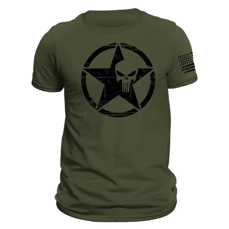 US Star Skull Distressed Design With Flag on Sleeve Men's T-Shirt Hoodie, Sweatshirt | RetroVerseTees.com