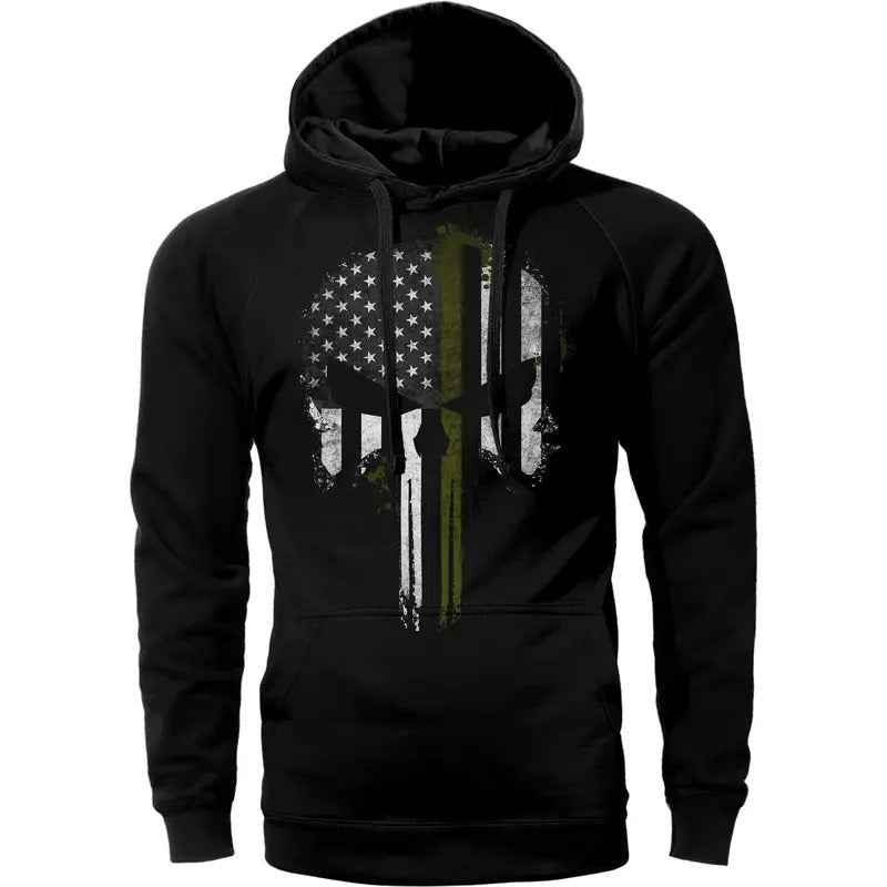 US Thin Green Line Flag Skull Army Hoodie Sweatshirt Cotton Fabric T-Shirts | RetroVerseTees.com