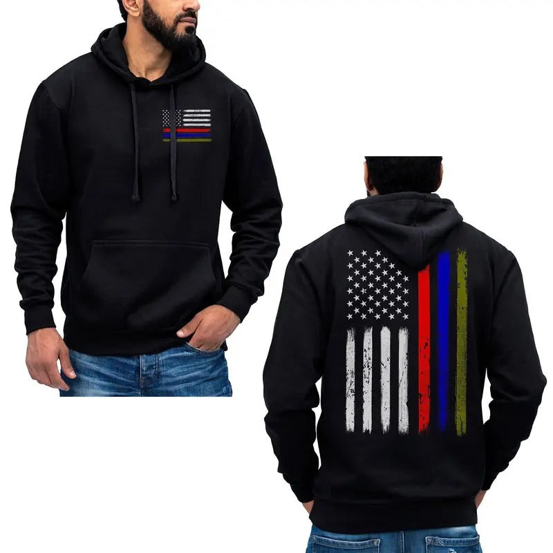 US Thin Red Blue Green Line Flag Hoodie Sweatshirt Firefighter Police Army Cotton Fabric T-Shirts | RetroVerseTees.com