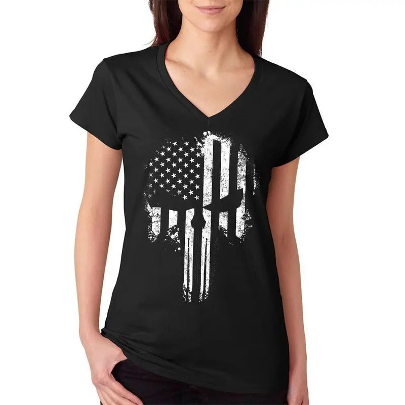 USA Flag B&W Skull Women's V-Neck T-Shirt Hoodie, Sweatshirt | RetroVerseTees.com