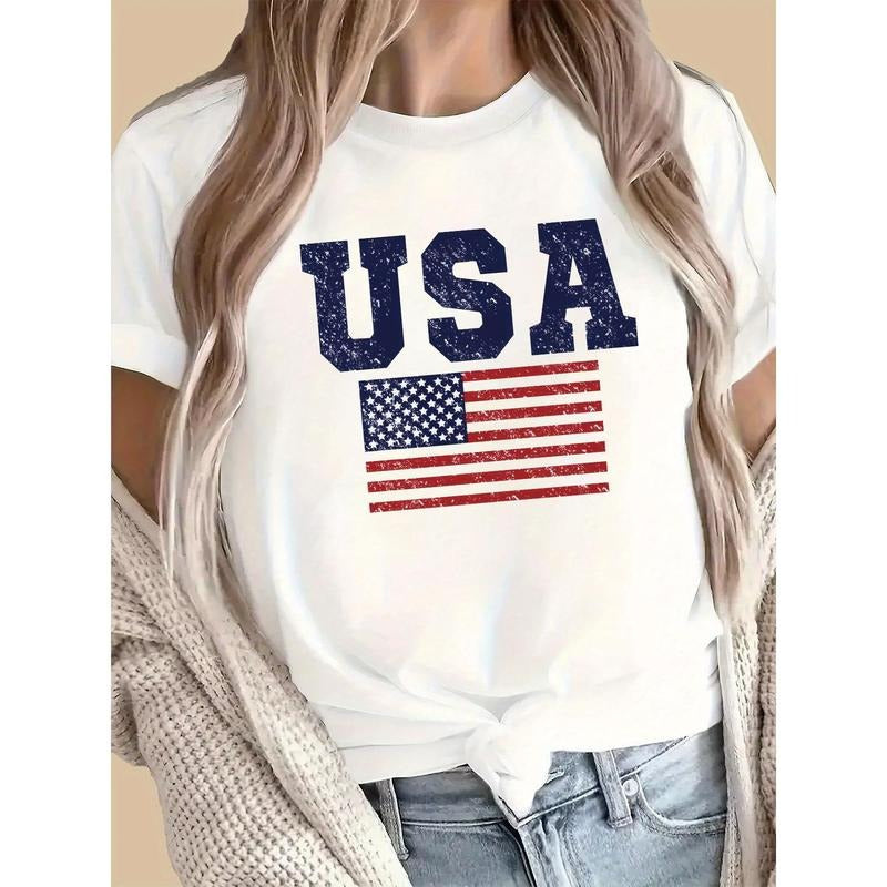 USA Flag Printed Crew Neck T-shirt, Spring& Summer Casual Short-Sleeved Top, Women'WB shield Clothing Hoodie, Sweatshirt