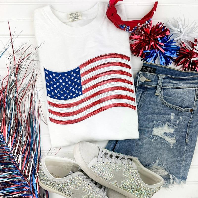 USA Flag Sequin Patch Comfort Colors T-Shirt -- WHITE Hoodie, Sweatshirt | RetroVerseTees.com