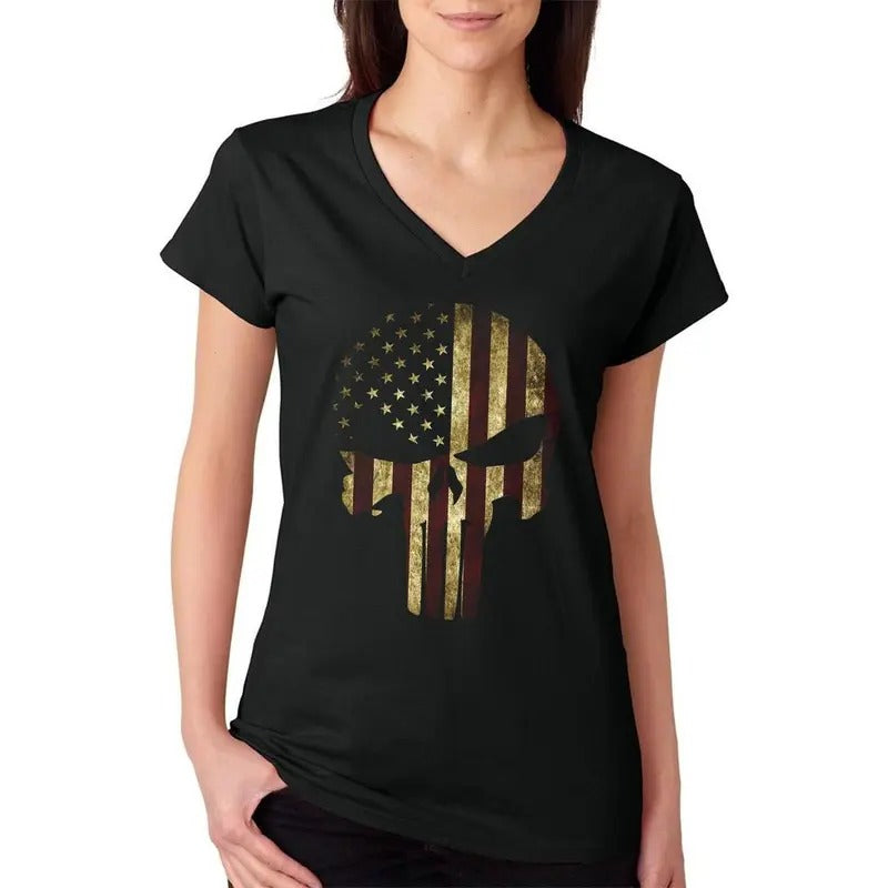USA Flag Skull Patriotic Women's V-Neck T-Shirt Casual Comfort Hoodie, Sweatshirt | RetroVerseTees.com